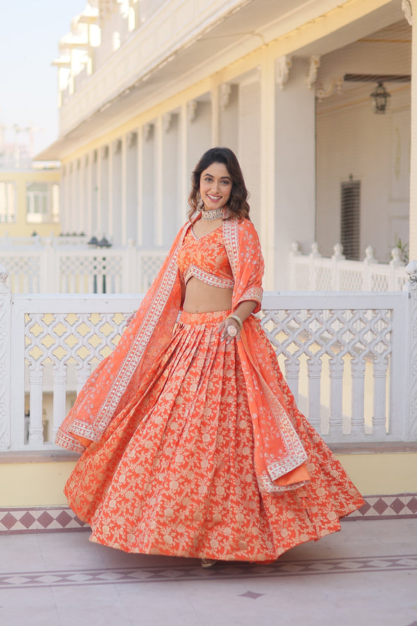 Designer Dyeable Pure Viscose Jacquard Fabric Lehenga Choli & Dupatta Set Orange Color – Stunning Ethnic Outfit for Women