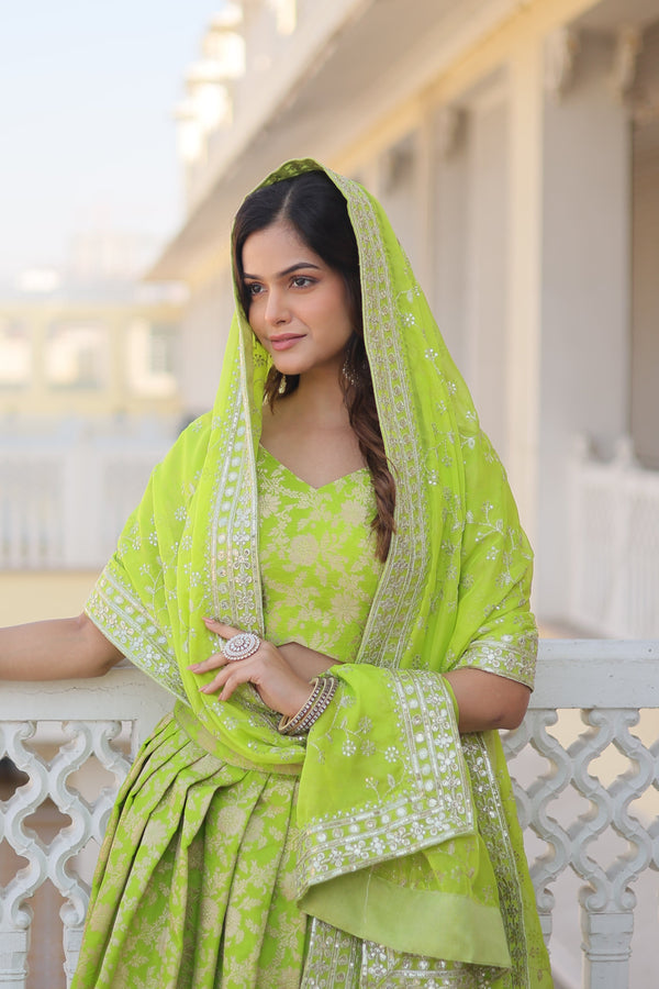 Designer Dyeable Pure Viscose Jacquard Fabric Lehenga Choli & Dupatta Set  Pista Color – Premium Ethnic Wear for Women