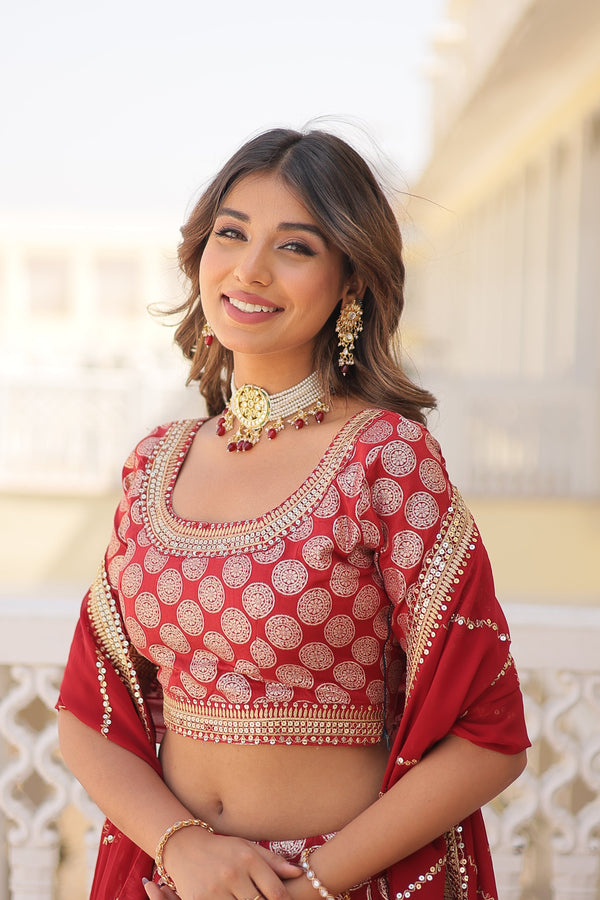 Elegance Redefined Red: Designer Pure Viscose Jacquard Lehenga Choli Set with Sequins Embroidered Work