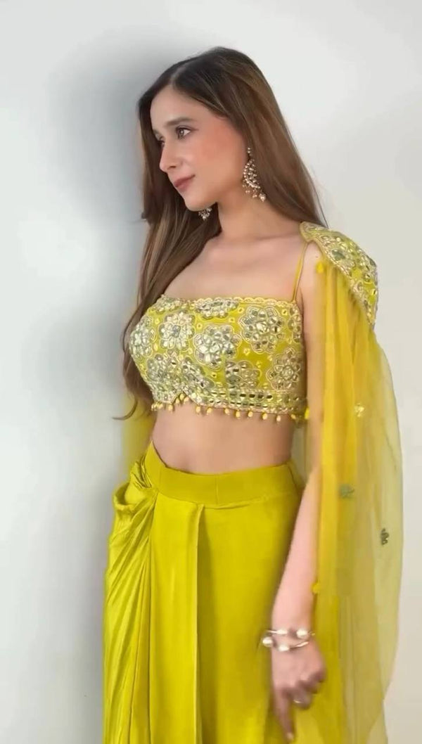 Yellow Reday to wear dhoti style with srug and Unstich choli